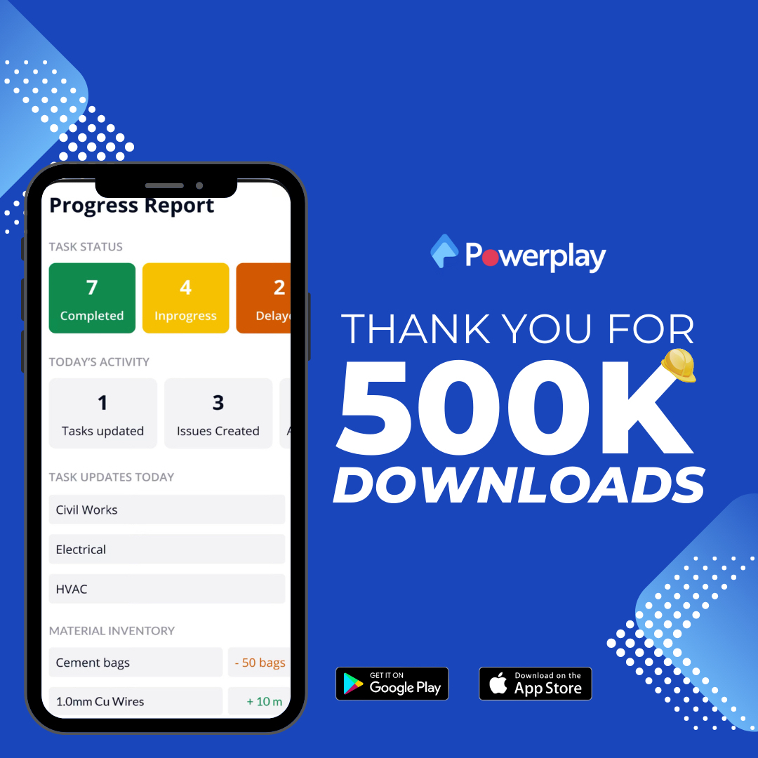 One milestone down, and many more to go! 🚀🚀
Not among the 500K community yet? 
Join the Powerplay tribe now and manage your construction sites effortlessly. 
Download now!👇

bit.ly/3pV2NxI

#Powerplay #ConstructionManagement #SaaS