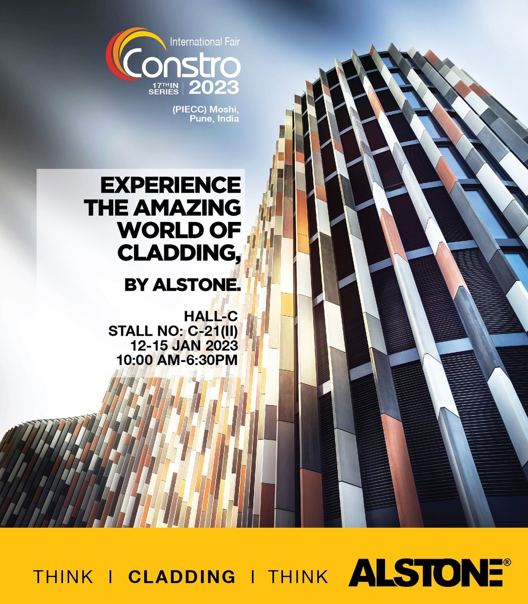 alstonecladding's tweet photo. Come to an exhibition to experience majesty of #Alstone architectural amazes

Only at: Constro International #Exhibition
Location: Pune International Exhibition And Convention Center, #Pune #India

Hall-C, Stall- C 21 (II) 
Date: 12-15 Jan, 2023
Timing: 10 AM-6:30 PM
@ConstroIntl https://t.co/jdzBawE1hC