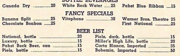 As seen on the internet: Menu from Warner Brothers Studio cafe in 1941, prices in cents. Actually a bigger variety than I would have guessed, even Pabst Bock and Piels Dark...