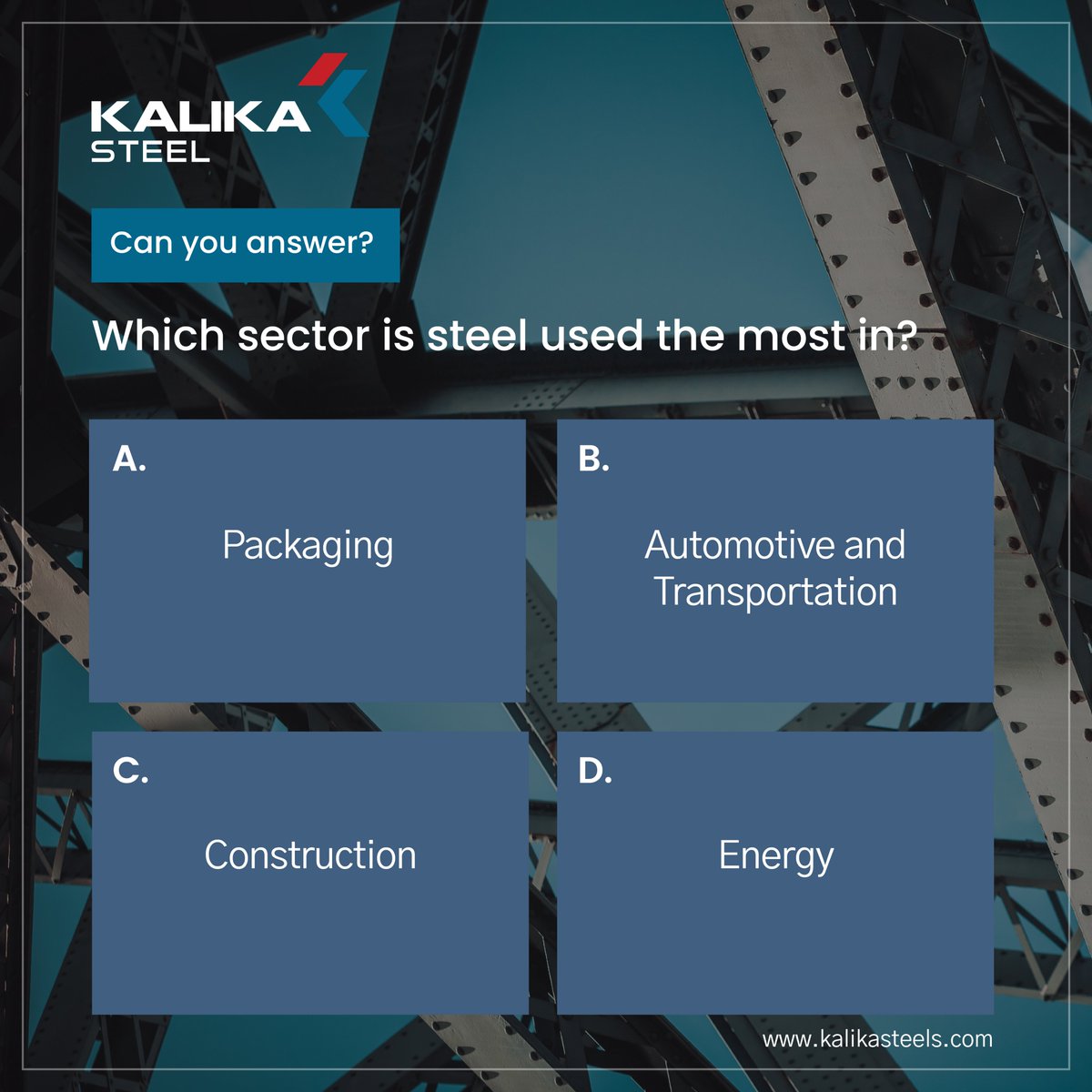 KalikaSteel's tweet photo. Do You Know?
Visit Us: https://t.co/T1vDw6SYcy
#questions #answer #guess #steelindustries #Steel #steelwork #steelproduction #kalika #kalikasteel #kalikasteelindustry #kalikasteelindustries #kalikasteels #steelindustry #anticorrosion https://t.co/OKeiqP0heh