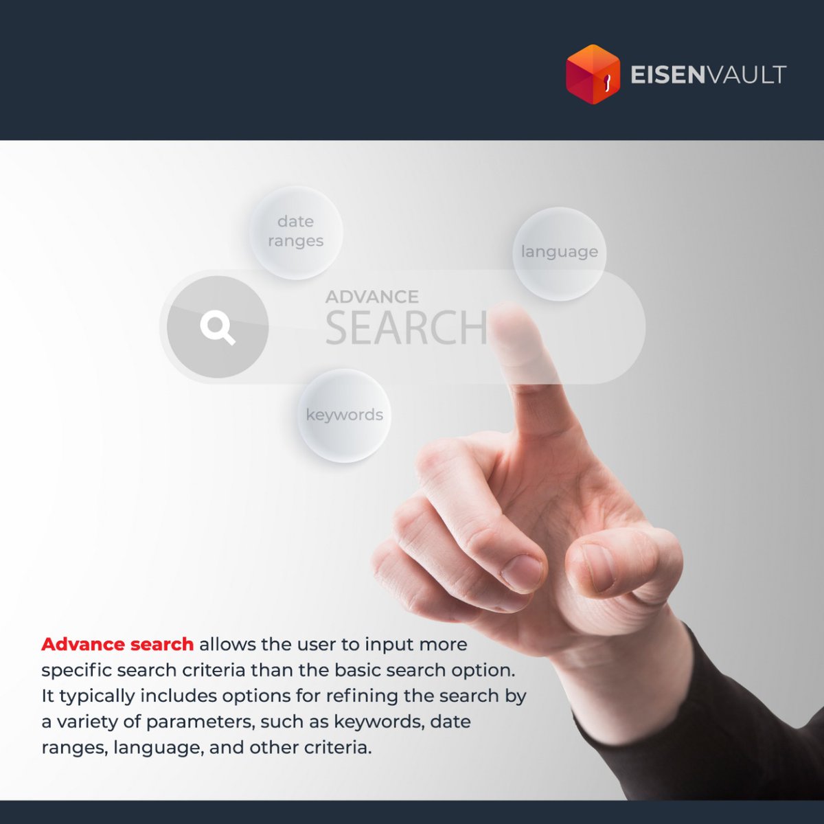 EisenVault's tweet photo. Make finding the right document easier with Eisenvault’s advanced search feature! With this powerful advance search in EisenVault, you can quickly and easily find the documents you need to help you get the job done. 

#eisenvault #documentmanagement #advancesearch #searchfeature https://t.co/MKOXQh8Qr5
