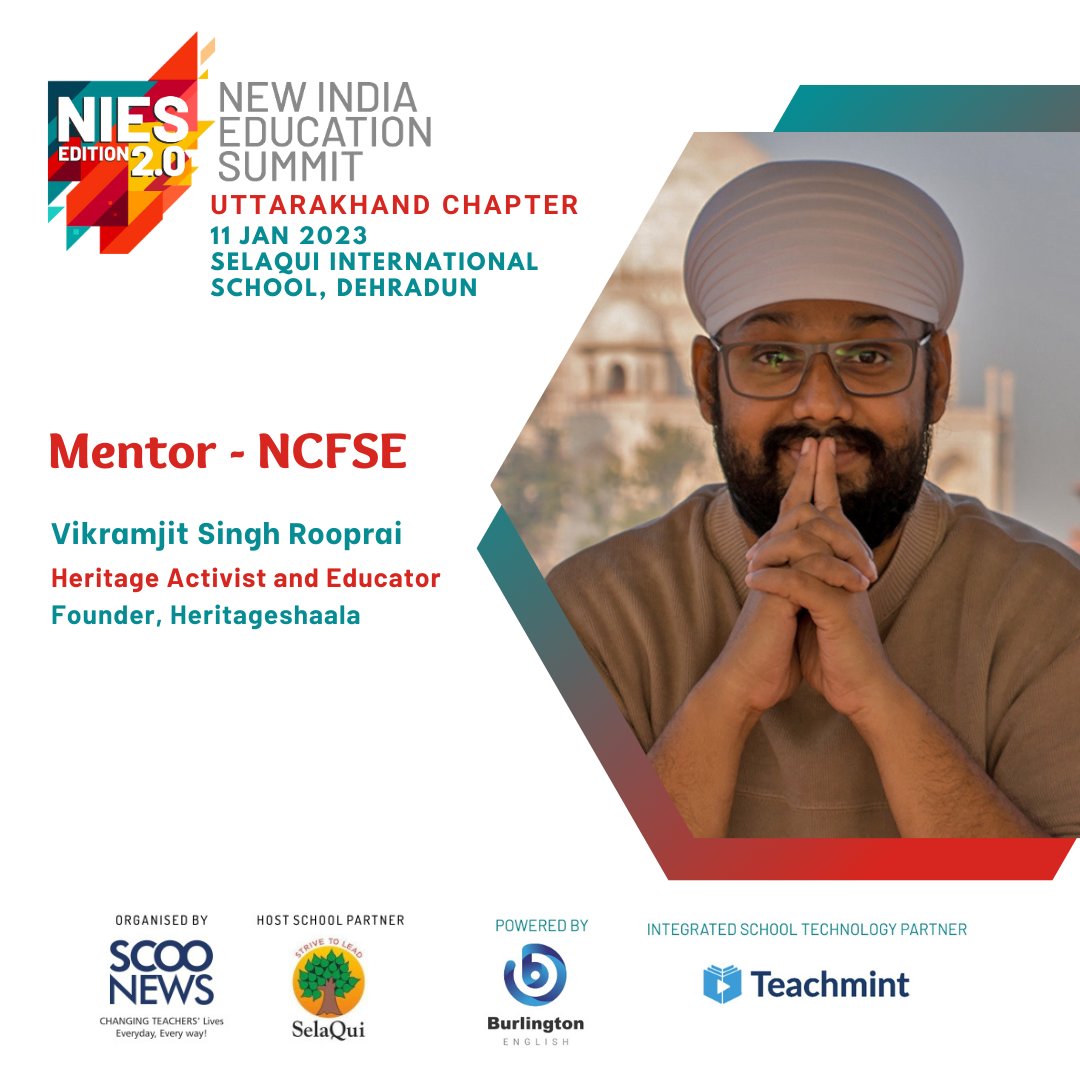 ScooNews (@scoonews) on Twitter photo Honoured to have <a href="/DelhiHeritage/">Vikramjit Singh Rooprai</a>, Heritage Activist, Educator and Founder, Heritageshaala as the Mentor - NCFSE at #NIES2 Uttarakhand Chapter being held at SelaQui International School, Dehradun on 11 January 2023.
Register Now at nies.scoonews.com/register-dehra… Honoured to have <a href="/DelhiHeritage/">Vikramjit Singh Rooprai</a>, Heritage Activist, Educator and Founder, Heritageshaala as the Mentor - NCFSE at #NIES2 Uttarakhand Chapter being held at SelaQui International School, Dehradun on 11 January 2023.
Register Now at nies.scoonews.com/register-dehra…