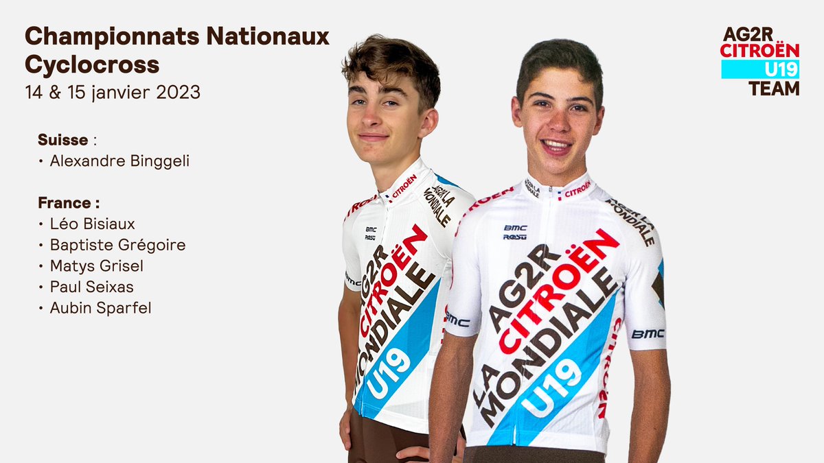 Championnats Nationaux de #cyclocross
🇨🇭 <a href="/AlexandreBingg/">Alexandre_Binggeli</a> 
🇫🇷 <a href="/lbsx1/">Léo Bisiaux</a> 
🇫🇷 <a href="/BaptisteGrgoir2/">Baptiste Grégoire</a> 
🇫🇷 <a href="/MatysGrisel14/">Matys Grisel</a> 
🇫🇷 <a href="/seixas_paul/">Paul Seixas</a> 
🇫🇷 <a href="/AubinSparfel/">Sparfel Aubin</a>