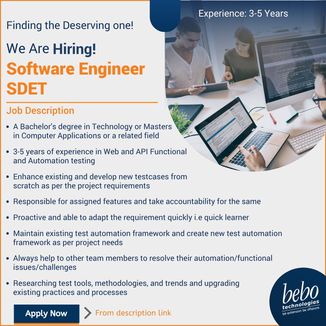 bebotechchd's tweet photo. We play to win at bebo. Every day brings a new challenge. Every day is a new opportunity to learn and grow. We work hard, but we also play hard. Join us in winning!
Apply Here: https://t.co/GkfRUFYuB9
#sdet #sdetengineer #softwaretesting #hiringalert #bebotechnologies https://t.co/QmueB1TDVc