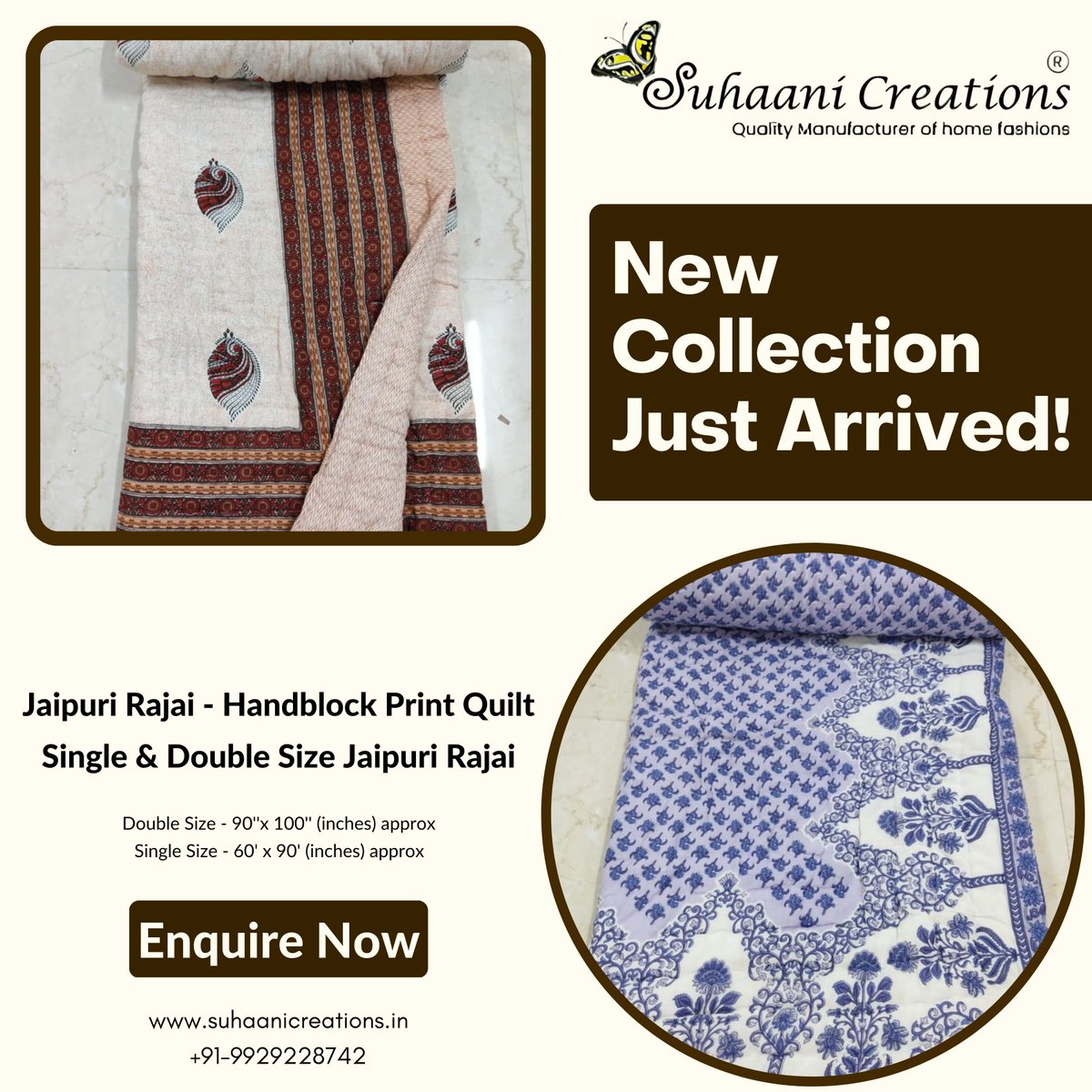 suhaanicreatns's tweet image. Explore New Collection of Handblock Print Jaipuri Rajai from @suhaanicreatns

#SuhaaniCreations is presenting the new and latest collection of #handblock print Jaipuri Quilts.

We accept bulk orders

Order Now: suhaanicreations.in/category/jaipu…

#razai #quilt #jaipuriprintrazai #wholesale