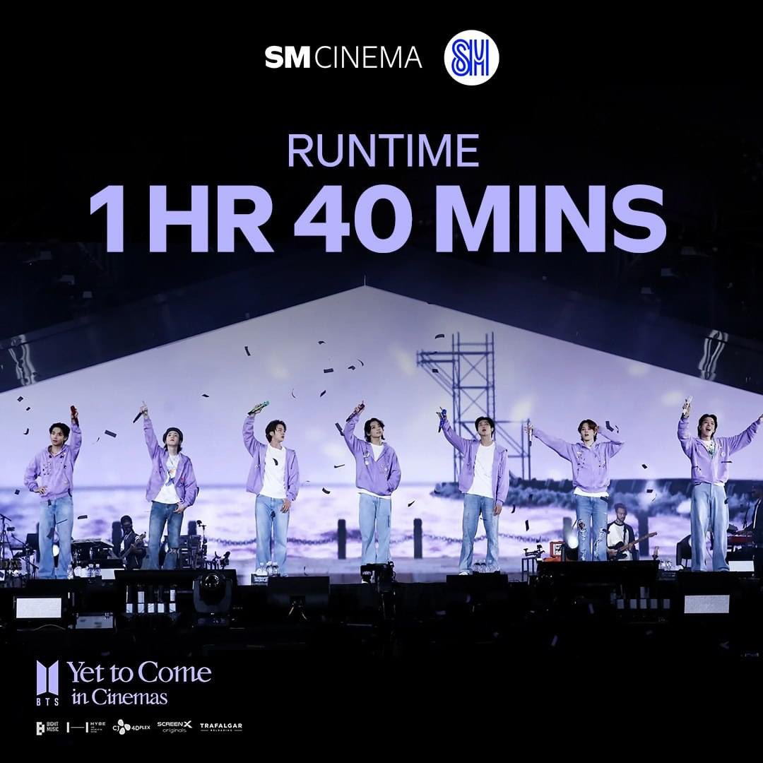 SM_Cinema's tweet photo. 𝗣𝗛 𝗔𝗥𝗠𝗬𝘀, The runtime for #BTS:  #YetToComeInCinemas is 1 hour and 40 minutes! 💜 

Ticket will be available TOMORROW at 8AM, Jan 11!

Details:
Screening Dates
Feb 1, 3, and 4

Ticket Prices:
Regular Cinema: Php 550
Director’s Club: Php 700

#YetToComeAtSMCinema
#SMCinema https://t.co/YbjeJnbimq