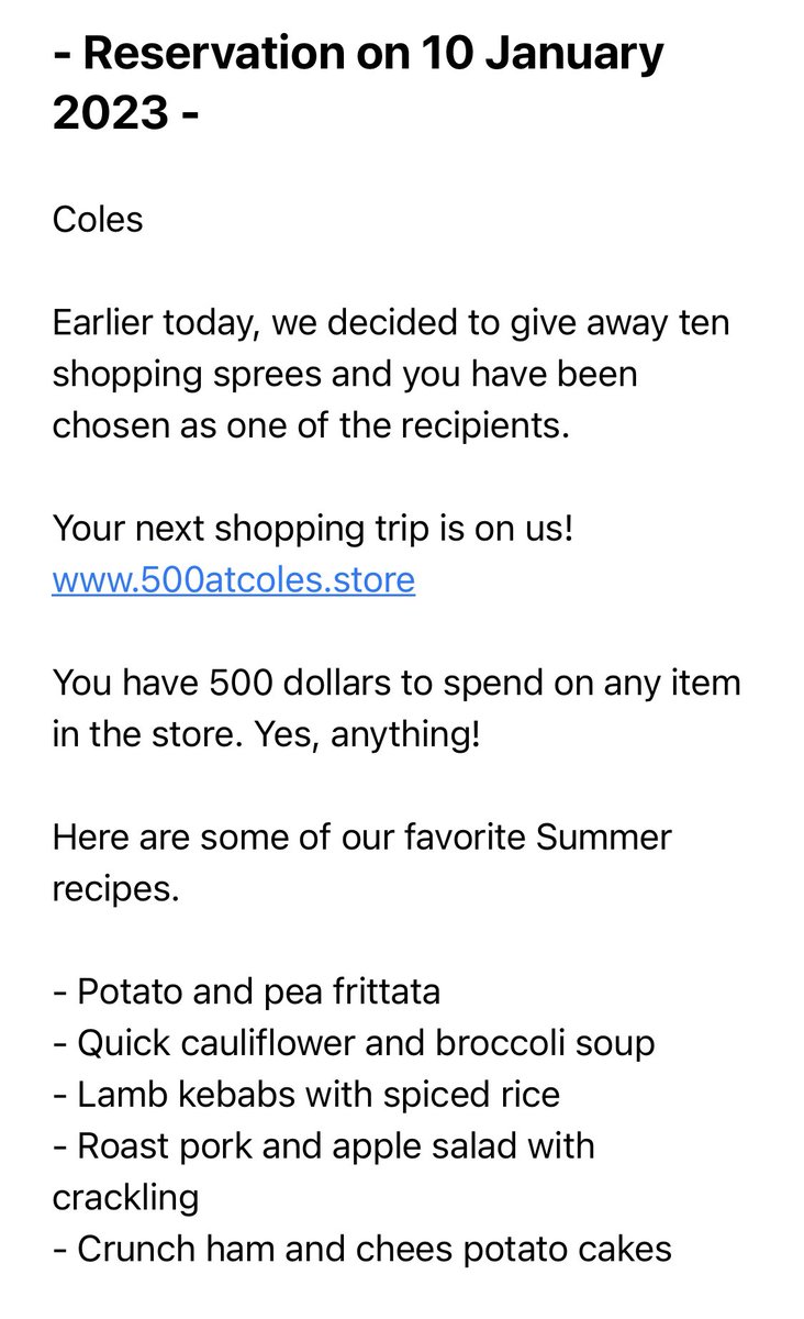 You know things are looking grim when the scammers start saying you’ve won $500 to spend at <a href="/Coles/">Coles Supermarkets</a> … don’t click… we all know Coles wouldn’t offer this.. and anyway $500 only gets you 2 tins of baked beans, some toilet paper &amp; a bachelors handbag … #Australia #inflation