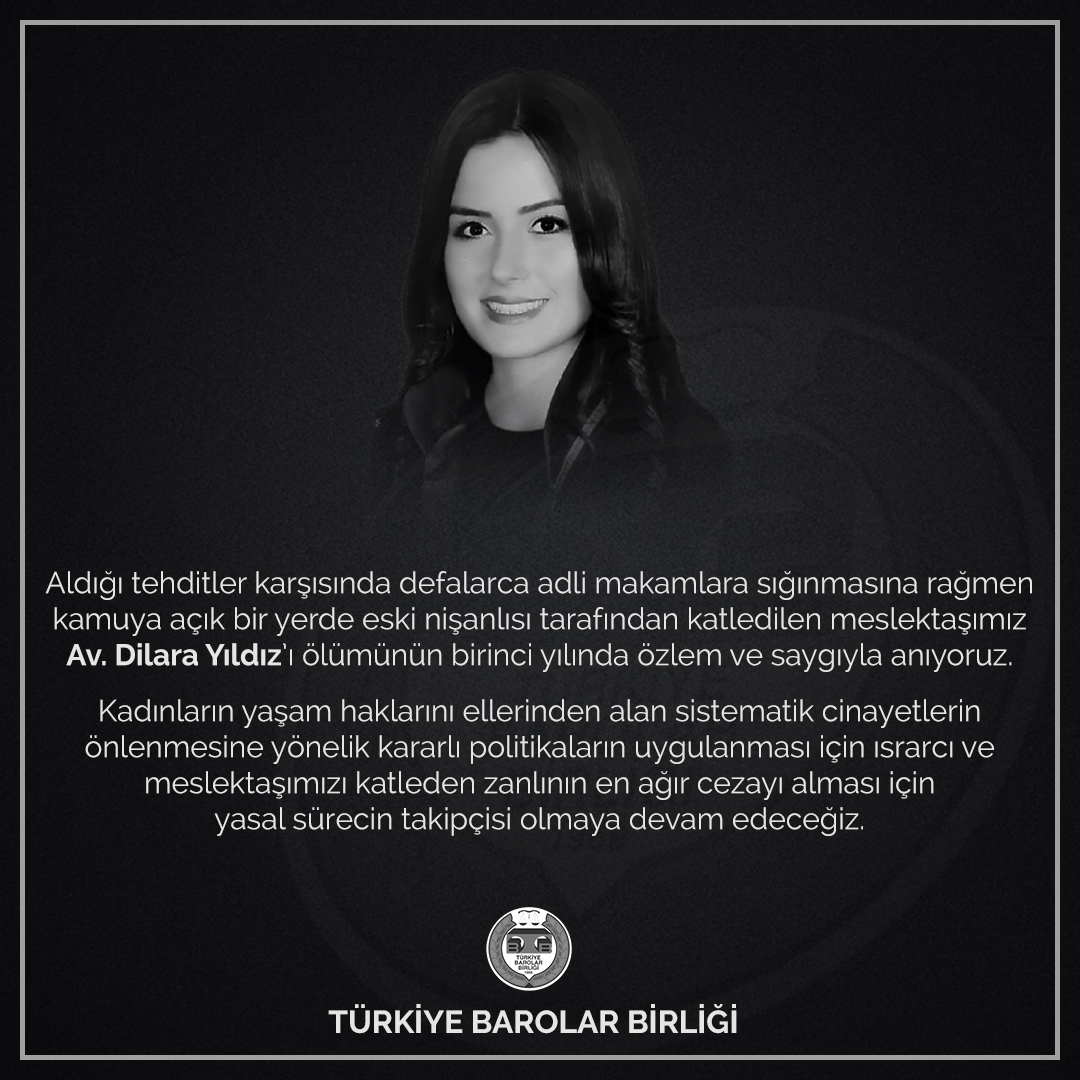 Aldığı tehditler karşısında defalarca adli makamlara sığınmasına rağmen kamuya açık bir yerde eski nişanlısı tarafından katledilen meslektaşımız Av. Dilara Yıldız’ı ölümünün birinci yılında özlem ve saygıyla anıyoruz.

#DilaraYıldız