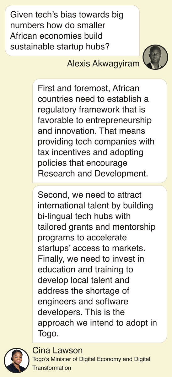 SemaforAfrica's tweet photo. For #OneGoodText this week @alexisak reached out to Togo's digital transformation minister @cinalawson to ask her how smaller African economies get to build their own startup hubs without obvious scale advantages https://t.co/URdQi1pDES