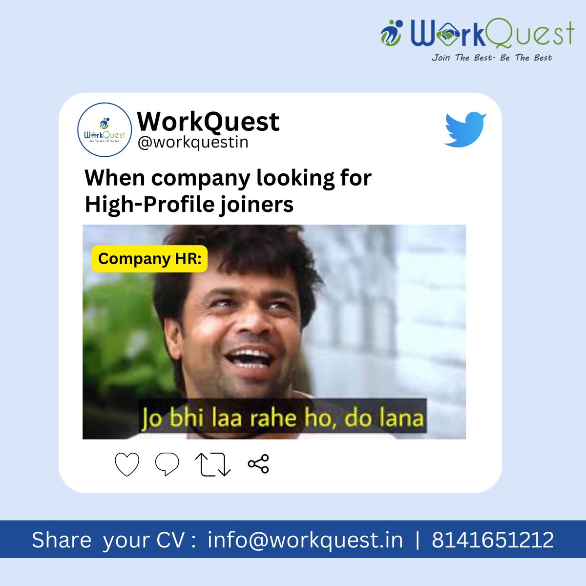 WorkQuest_in's tweet photo. When Company looking for High-Profile joiners 😜😁
.
.
For any type of Hiring you can freely mail us or call us. 😁
.
.
#memes #rajpalyadavcomedy #rajpalyadavmemes #rajpalyadavcomedy😂😂 #hrmemes #companymemes #companyhrmemes #fastjoining #hiringnow #applynow #jobsinahmedabad https://t.co/KpBrI9aow4