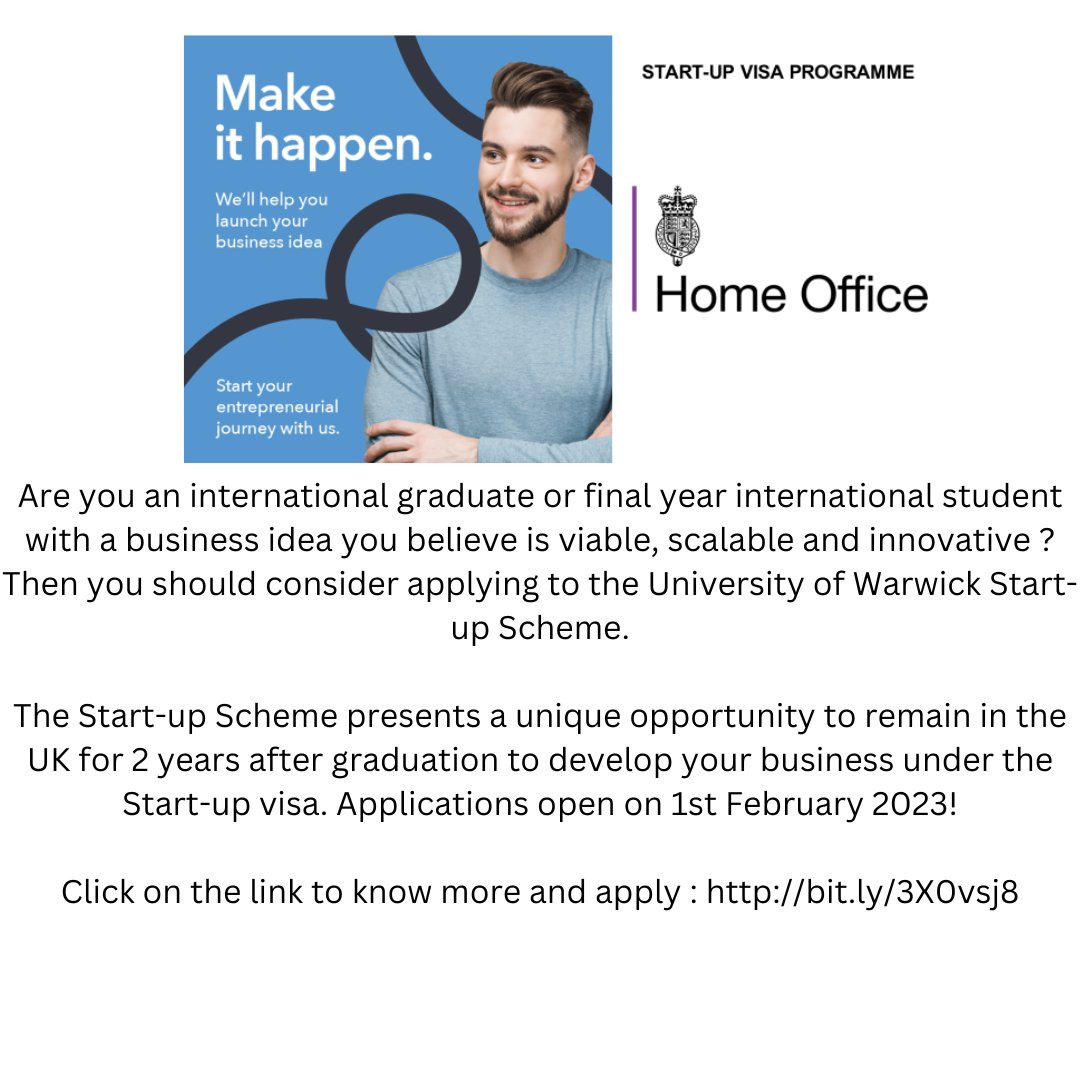 Applications for the University of Warwick Start-up Scheme open on 1st February 2023! The #startup scheme supports #innovation #enterprise and presents and unique opportunity to develop your #business under the Start-up visa. Details in the link : bit.ly/3X0vsj8
