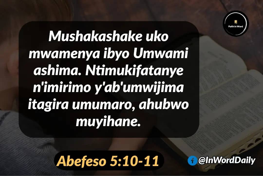 harerimana_tito's tweet photo. Abakunda Imana bitarimo uburyarya bazagaragaza ubushake bwo kumenya icyo ishaka kandi banagishyire mu bikorwa.
- Abefeso 5:10-11 _
#DailyWithJesus
#ConnectedToChrist https://t.co/EInvhJ6SP1