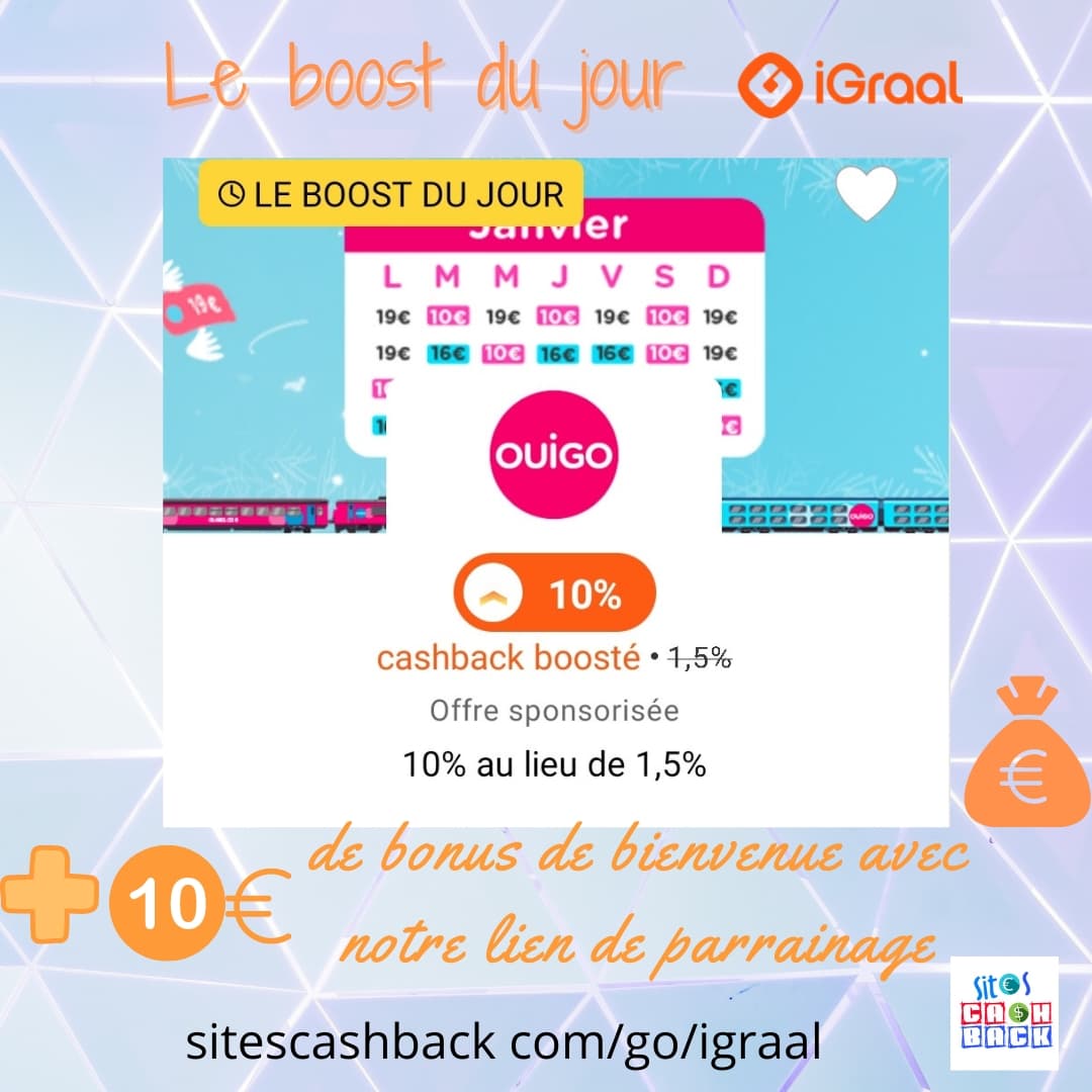 sitescashback's tweet photo. cashbackboosté #igraal sur le site #ouigo + 10€ de #bonus avec notre lien #parrainage 
https://t.co/DyKTjunDHj 
#bonplan #promo #argent #bonsplans 
#cashbackfrance #economies #tgv #train #sncf https://t.co/GvOtlm7VQB
