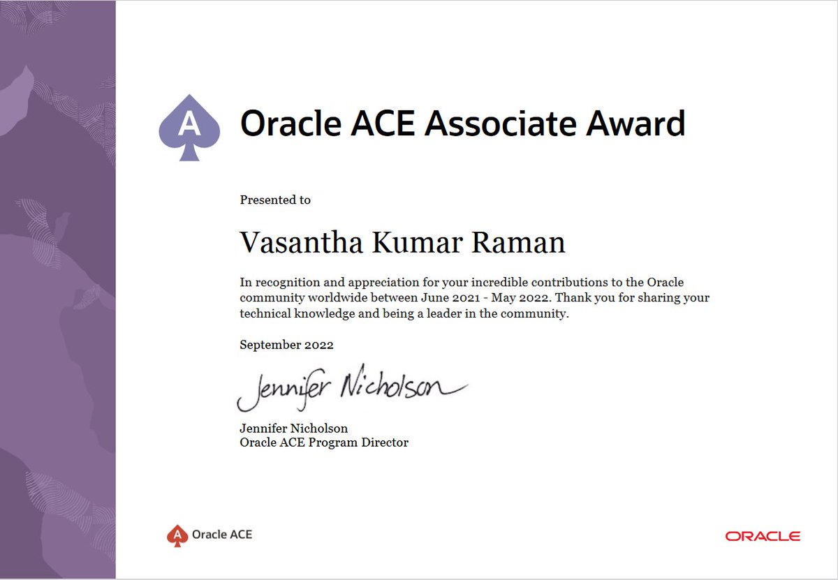 Received the Oracle ACE Program award certificate! Amazing to be part of Oracle ACE program and thanks to all for the support and encouragement.
@oracleace @Donyati1 @OracleConnect