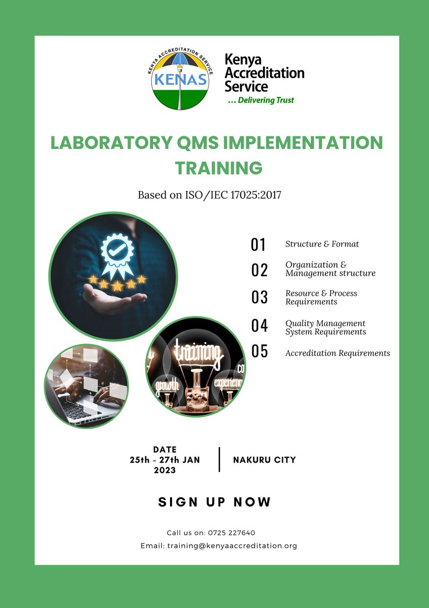 KENASgoke's tweet photo. Are you ready to implement ISO/IEC 17025:2017
in your testing/calibration laboratory? Are you in the process of preparing your lab for accreditation?

Enrol today for an upcoming 3-day open training. https://t.co/1yyMPz76UY