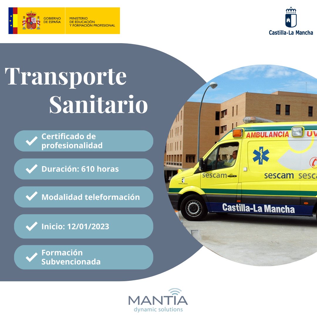 📢 El 12 de enero comienza una nueva edición del certificado de profesionalidad de Transporte Sanitario.
La edición subvencionada está destinada a personas desempleadas de Castilla-La Mancha y será en modalidad teleformación. La duración total del curso es de 610 horas.