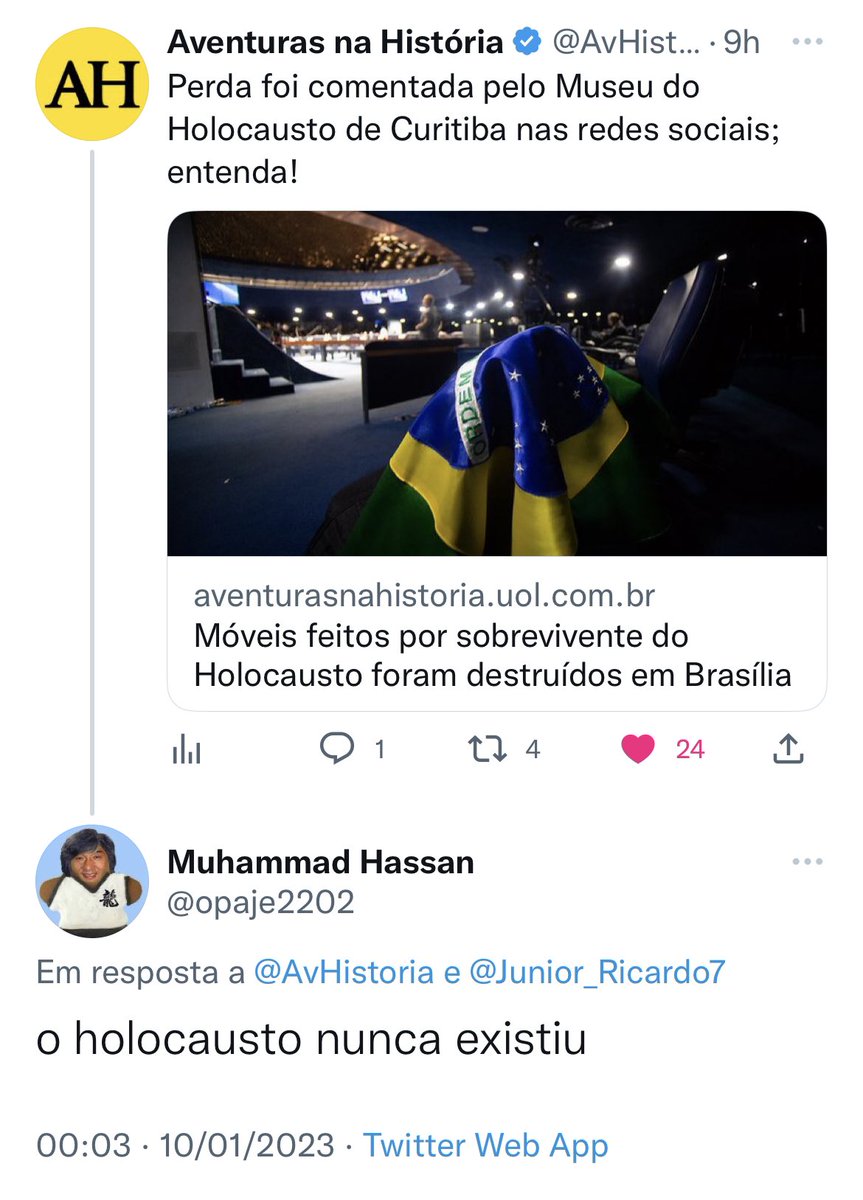 igorhsabino's tweet photo. Eu sabia que não iria demorar muito para que uma das consequências dos atos anti-democráticos de domingo fosse o antissemitismo. Temos desde relativização do Holocausto até negacionismo puro mesmo. Triste demais. https://t.co/iW1XzjAFU4