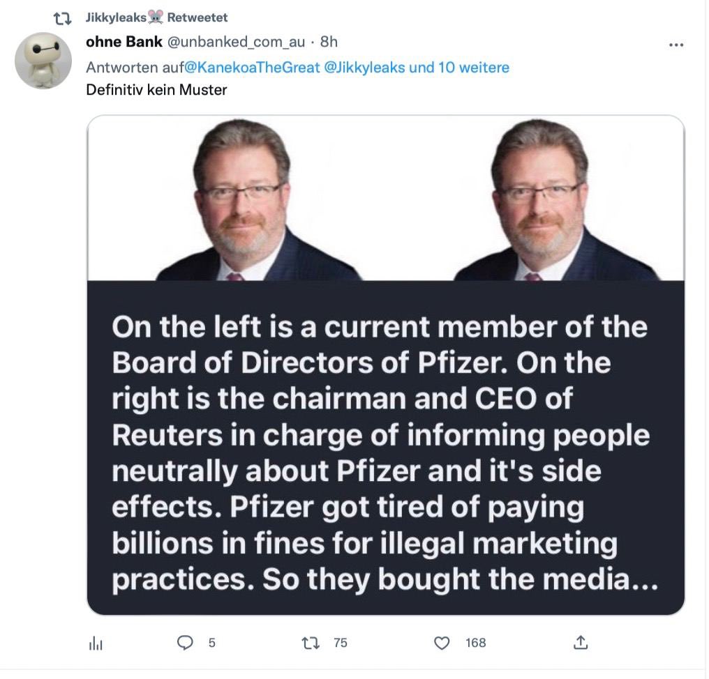 twittonreg's tweet image. Das nennt man wohl Personalunion! Links derzeitiges Mitglied des
Verwaltungsrats von Pfizer.
Rechts Vorsitzender und CEO von #Reuters, der damit beauftragt ist, die Menschen neutral über #Pfizer und seine Nebenwirkungen und Auswirkungen aufzuklären. #howbadismybatch