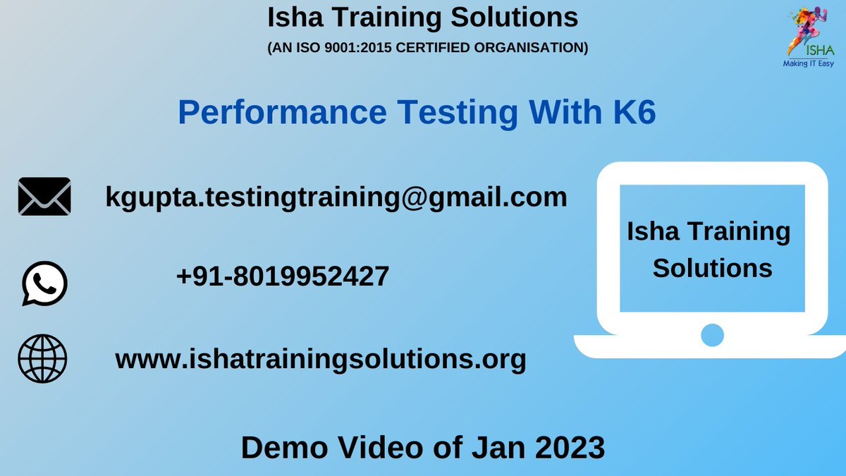 IshaKumargupta's tweet photo. *“Performance Testing with K6”* Demo video*
https://t.co/nIm0N8nSzx
Jan @ 8 PM(IST)/11th Jan@ 9.30 AM(EST)
The course Price is 4,900 INR/ 69 USD
Call/WhatsApp @ +91-89779 22427 / +91-8019952427 
#performancetesting #loadtesting #k6performancetesting #apiperformancetesting https://t.co/Fz8sD2iMvf