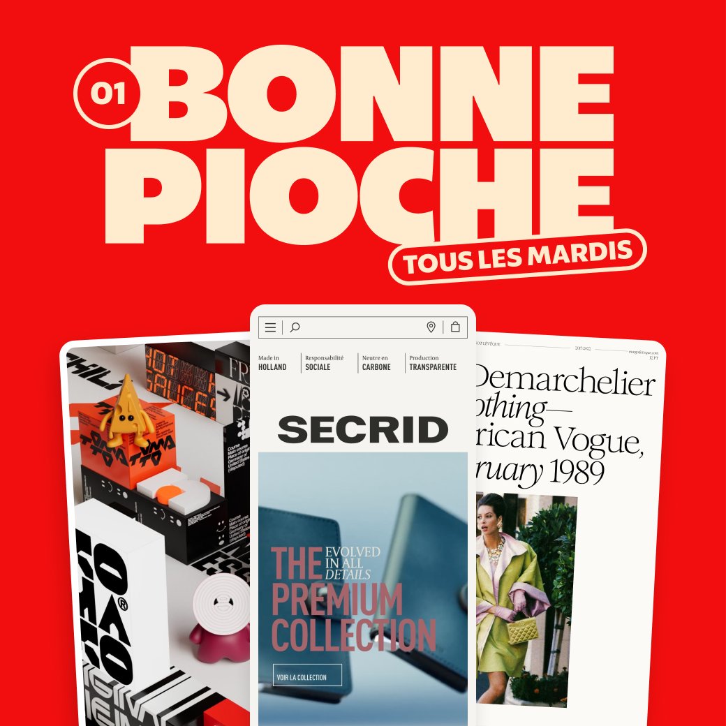 Voici Bonne Pioche 🤩🙌
Tous les mardis, je vous partage ma veille 👀

Au programme :
– des sites web captivants
– des identités visuelles renversantes
– des typographies remarquables
– des designers inspirant·e·s
– des ressources indispensables

Likes et retweets appréciés !