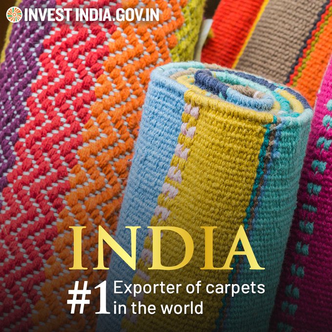 #InvestInIndia

India accounts for ~40% of worldwide exports of handmade carpets. 

Discover more at: bit.ly/textiles-appar…

#HandmadeCarpets #IndianTextiles #Carpets @swissnexindia @ignaziocassis @SICCOFFICIAL @HofSwitzerland @gurleenmalik @newlyswissed @SwissMFAasia @misspeoi