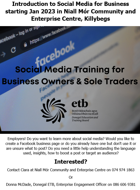 mor_niall's tweet photo. 📊Social Media for Business📈
Starting Thursday the 12th of January 2023 and will run until Thursday the 16th of February 2023.
⏰Time: 10.00-12.30
To book your place Call: 0749741863, Email: info@niallmorcentre.com or Social Media DM
Or Donna on 0866069381
Donegal ETB
#media https://t.co/zGujQPxcNi