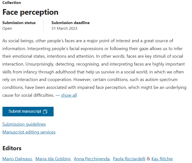 Mario Dalmaso (@mariodalmaso) on Twitter photo DEADLINE EXTENDED
📢 Scientific Reports is seeking submissions for a special issue on FACE PERCEPTION 🙂🙃😆🙄🤩😬
📅 NEW Deadline: 31 March 2023
More info ⬇️ ...please RT
nature.com/collections/dg…
<a href="/SciReports/">Scientific Reports</a> DEADLINE EXTENDED
📢 Scientific Reports is seeking submissions for a special issue on FACE PERCEPTION 🙂🙃😆🙄🤩😬
📅 NEW Deadline: 31 March 2023
More info ⬇️ ...please RT
nature.com/collections/dg…
<a href="/SciReports/">Scientific Reports</a>