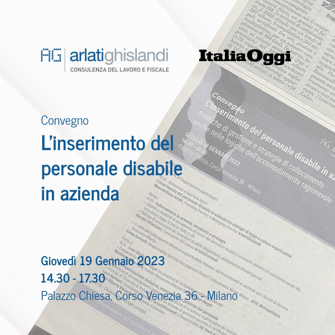Su <a href="/ItaliaOggi/">ItaliaOggi</a> il nostro convegno “L'inserimento del personale disabile in azienda. Politiche di gestione e strategie di collocamento anche nelle logiche dell’accomodamento ragionevole” che si terrà il 19/01/23 a Palazzo Chiesa.
bit.ly/3iyqs65
bit.ly/3VZXJ7S