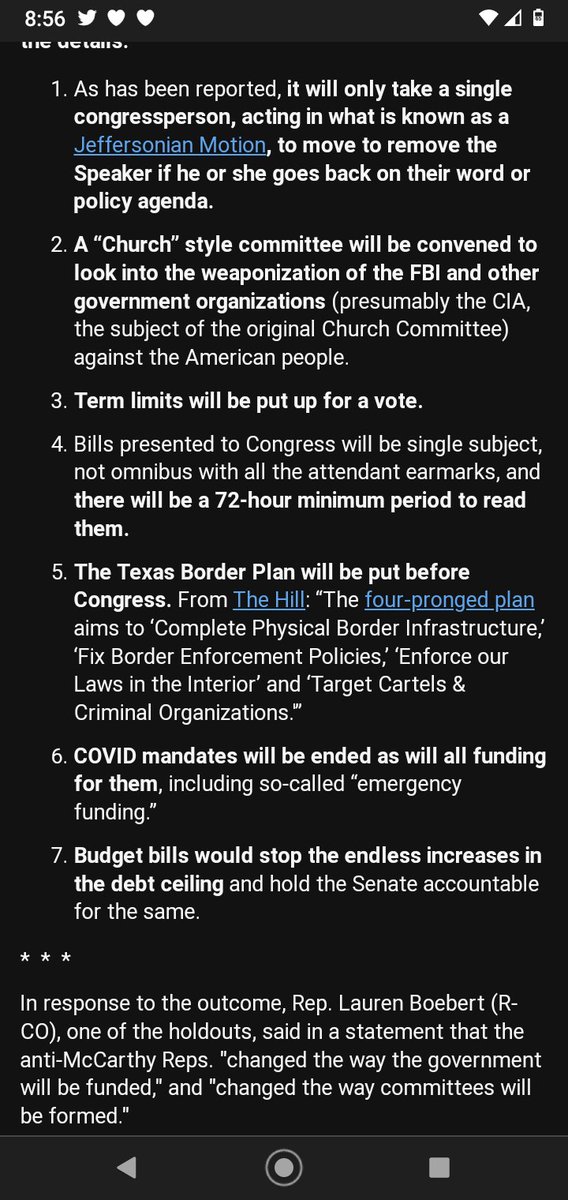 ronm192's tweet photo. Thank you to @Baklava_USA for the screenshot summary of the concessions given by McCarthy to become Speaker of the House.
Click on the image to get the full view.
#NoMoreOmnibus
#NoMoreEarmarks
#OneBillOneSubject
Make Bills Pass/Fail on their own merits.
#SupportThe20 https://t.co/MsLSz4l4Iw