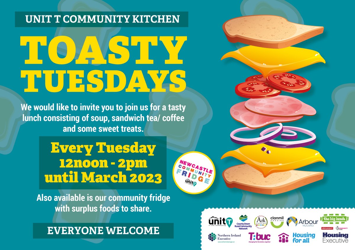 arbourhousing's tweet photo. Toasty Tuesdays at Unit T Hub in Newcastle Co. Down.
Everyone is welcome! You're invited to attend every Tuesday where there will be delicious soups, toasties, tea, coffee & sweet treats from 12noon-2pm until March 2023 #sharedcommunities #TBUC @arkhousing @ClanmilHousing https://t.co/kwt3BoHUAK