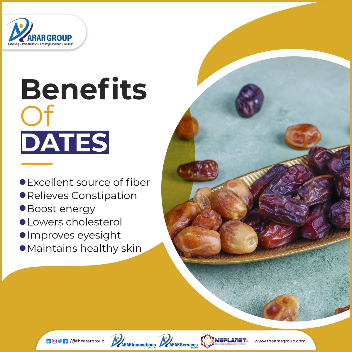 arar_group's tweet photo. You can get a lot of vitamins and minerals from dates, along with fibre, calcium iron phosphorus potassium, and other essential nutrients.

#arargroup #ararservices #MEPLANET+ #ARARServingHumanity #Trainings #HWM #Healthinnovations #healthcare #infectioncontrol https://t.co/UYyOQHm6Tr