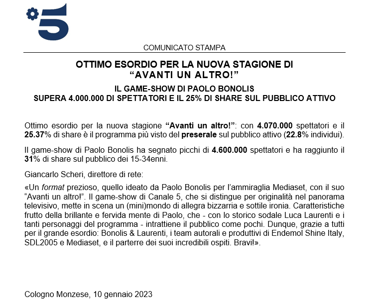 Ottimo esordio per la nuova stagione di #AvantiUnAltro: il game-show di #PaoloBonolis supera 4.000.000 di spettatori e il 25% di share sul pubblico attivo. 
Scheri: «Un format prezioso, quello ideato da Paolo Bonolis per l’ammiraglia #Mediaset».