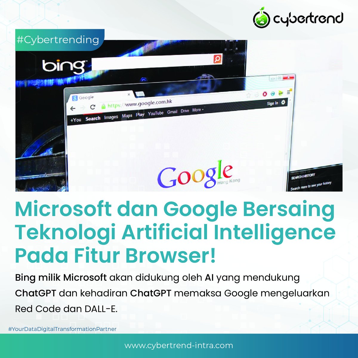 CIntrabuana's tweet photo. Hi CyberFriends!
Kemunculan ChatGPT dari OpenAI membuat Microsoft dan Google tengah bersaing teknologi artificial intelligence pada fitur search engine mereka. 
#Cybertrending #ChatGPT #Cybertrend #Microsoft #Google #RedCode #OpenAI #DALLE #AI #ArtificialIntelligence #chatbots https://t.co/GlewCA4bx2