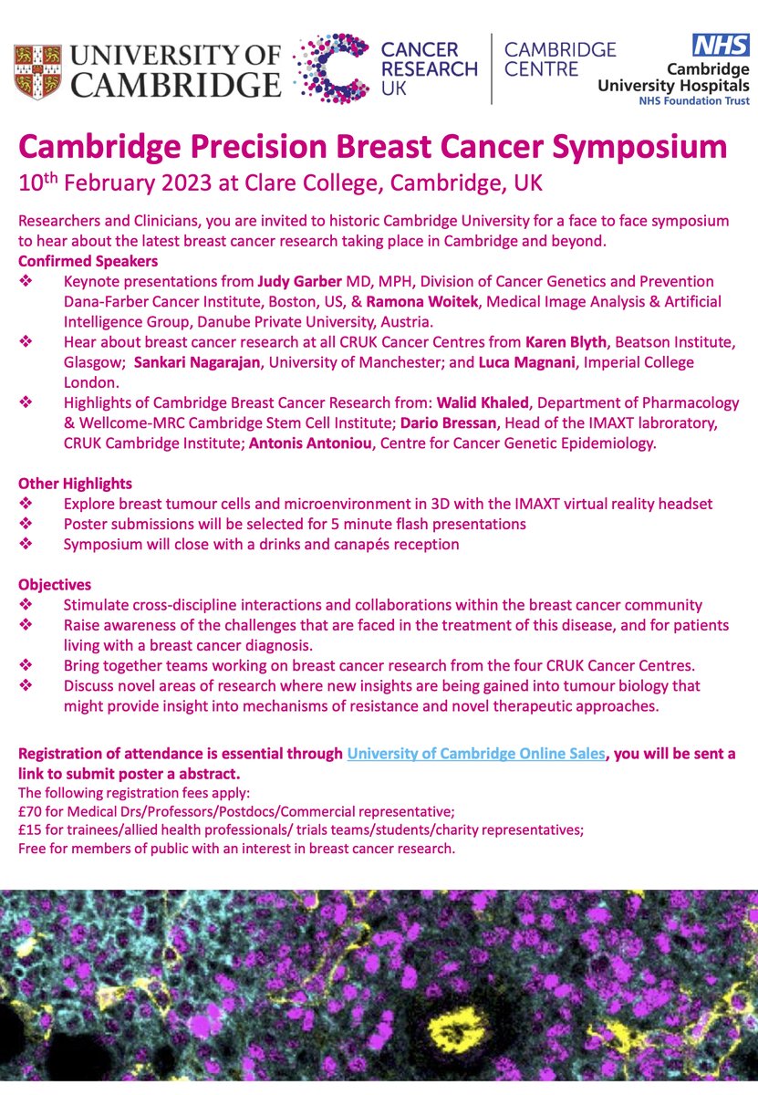 📢 Don't miss the first in-person event organised by  <a href="/CRUKCamBreast/">CRUK Cambridge Centre: Breast Cancer</a> #CPBC2023 
Join us to hear from national and international breast cancer experts on recent advances and future challenges!
Register here 👉 onlinesales.admin.cam.ac.uk/conferences-an…