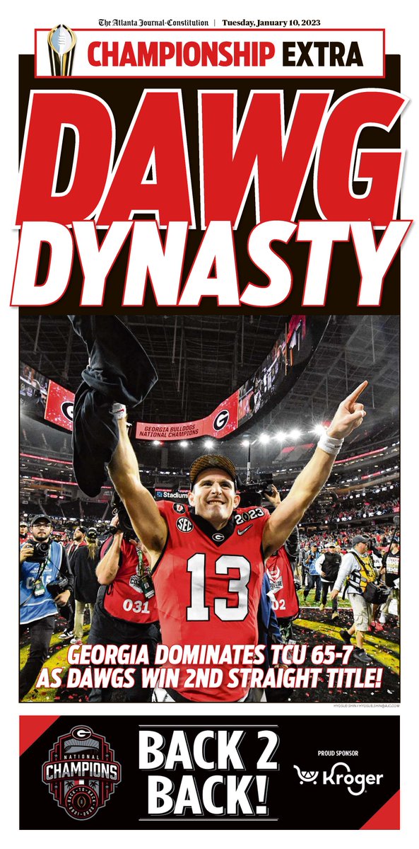 CVivlamoreAJC's tweet photo. Championship Extra: The cover of the 24-page section in the AJC e-Paper on Georgia's victory over TCU to claim its second straight national title. https://t.co/C3PLvE36ws