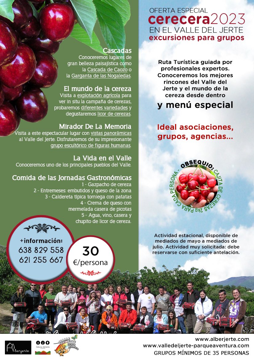 SaboresJerte's tweet photo. 📢📢 OFERTAS ESPECIALES, excursiones para grupos al VALLE DEL JERTE: 
🌸 Primavera y Cerezo en Flor 2023
🍒 Cerecera 2023

Disponibles para grupos mínimos de 35 personas. ACTIVIDADES MUY DEMANDADAS. Reserva con antelación! 
☎️ 638 829 558
✉️  alberjerte@alberjerte.com https://t.co/Qh9hiKCEFd
