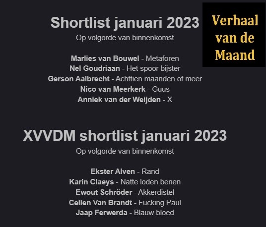 TWEE shortlists deze maand!
De reguliere lijst voor de eretitel Verhaal van de Maand.
De X-VvdM lijst met verhalen met 'n 'eigen karakter'
bekendmaking 11 resp 15 jan
verhaalvdmaand.blogspot.com
#verhaalvdmaand  #schrijfwedstrijd #schrijven #schrijver #kortverhaal #korteverhalen #zkv