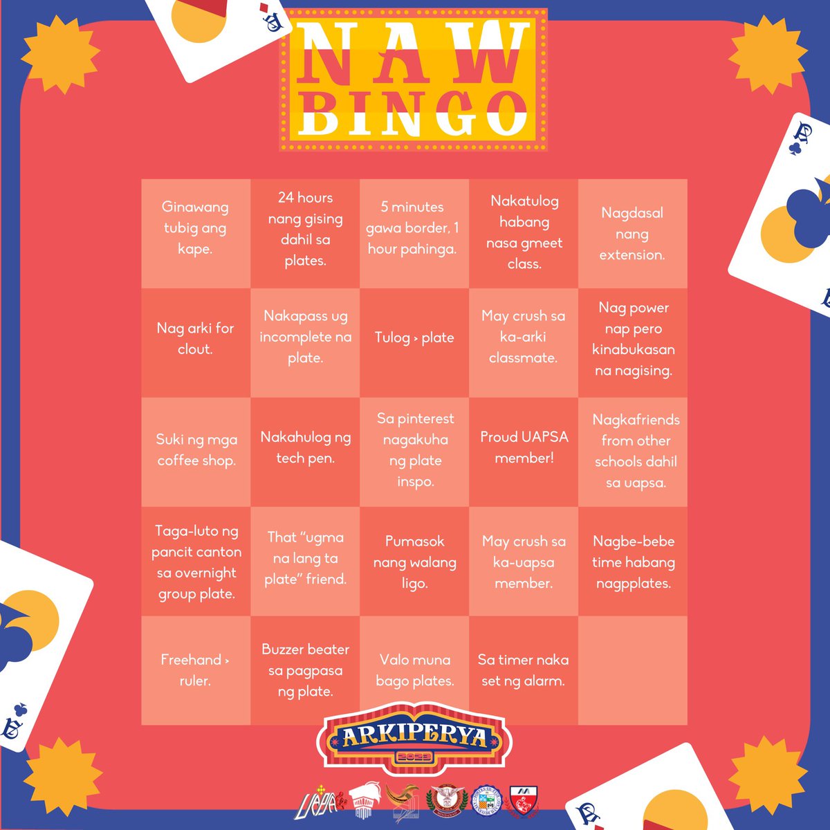 Bago mag ARKIperya, mag 𝗯𝗶𝗻𝗴𝗼 ka muna, ka-UAPSA! ✍️

Hop on the fun for our National Architecture Week 2022 celebration and share with us your relatable Arki moments by using the ARKIperya Bingo Template ✨

Don’t forget to quote and tag us! 😉

#ArkiPerya 
#NAW2022