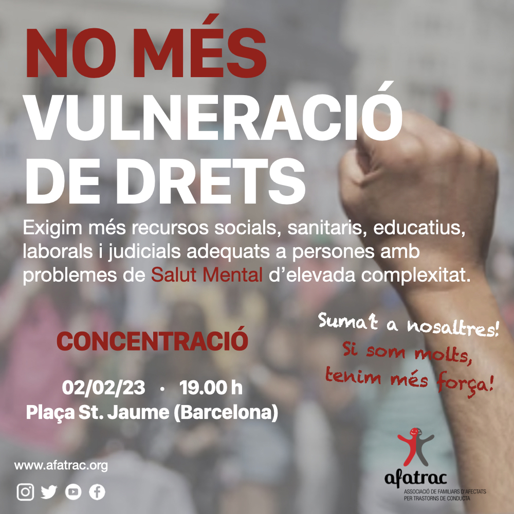 ‼️ CONCENTRACIÓ - NO MÉS VULNERACIÓ DE DRETS 

📆 2 de febrer del 2023 

🕓 19.00 h

📍 Plaça Sant Jaume (BCN) 

💪🏼 Suma't a nosaltres! Si som molts, tenim més força! 

🔗 Per a més informació entra a afatrac.org