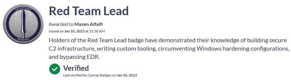 A great start to 2023 : I passed the Red Team Ops II “CRTL” exam from <a href="/zeropointsecltd/">zero</a> . 

Many thanks to <a href="/_RastaMouse/">Rasta Mouse</a> for creating this awesome course/challenging exam env

eu.badgr.com/public/asserti…