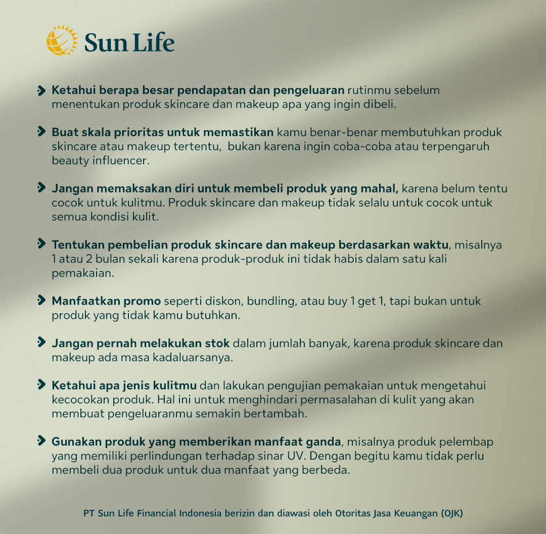 Duh, jangan sampai ya punya wajah glowing tapi dompetnya selalu crying. Sudah 2023, saatnya pintar-pintar melakukan budgeting untuk skincare dan makeup karena selalu #AdaAja caranya!

#SunLifeIndonesia #resolusi2023