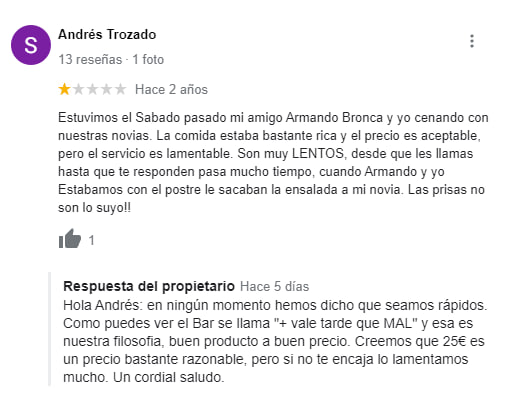 Un bar de Madrid responde dos años después una Reseña en la que les llaman lentos. dlvr.it/SgfSXr