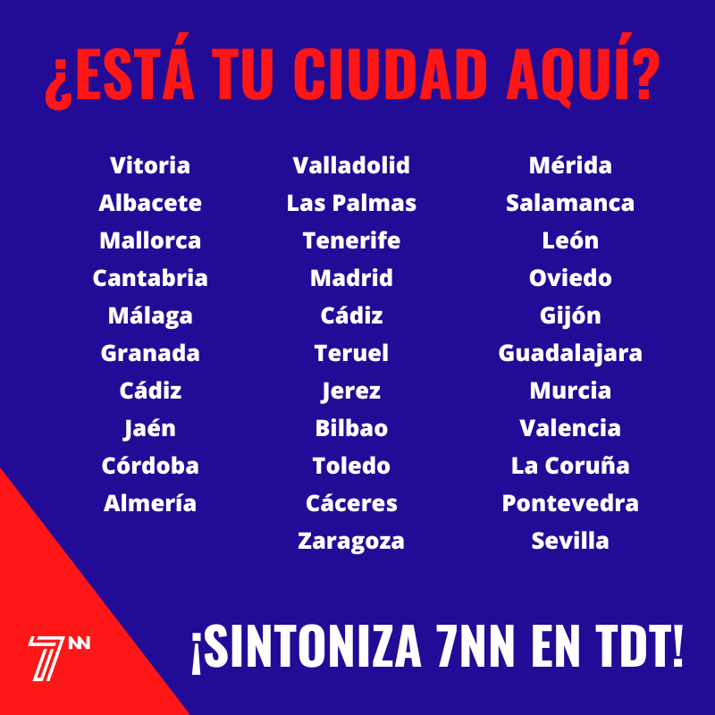 7nn_Tv's tweet photo. 🚨A partir de hoy emitimos en abierto en 40 capitales de provincia.

Si estás en alguna de estas regiones sintoniza tu televisión o llama a tu antenista.

También estamos en Samsung, LG, Orange, Vodafone, Tivify y https://t.co/H5NpIa5SoZ

Si eres abonado de Movistar llama al 1004 https://t.co/dZZOg1ZBqg
