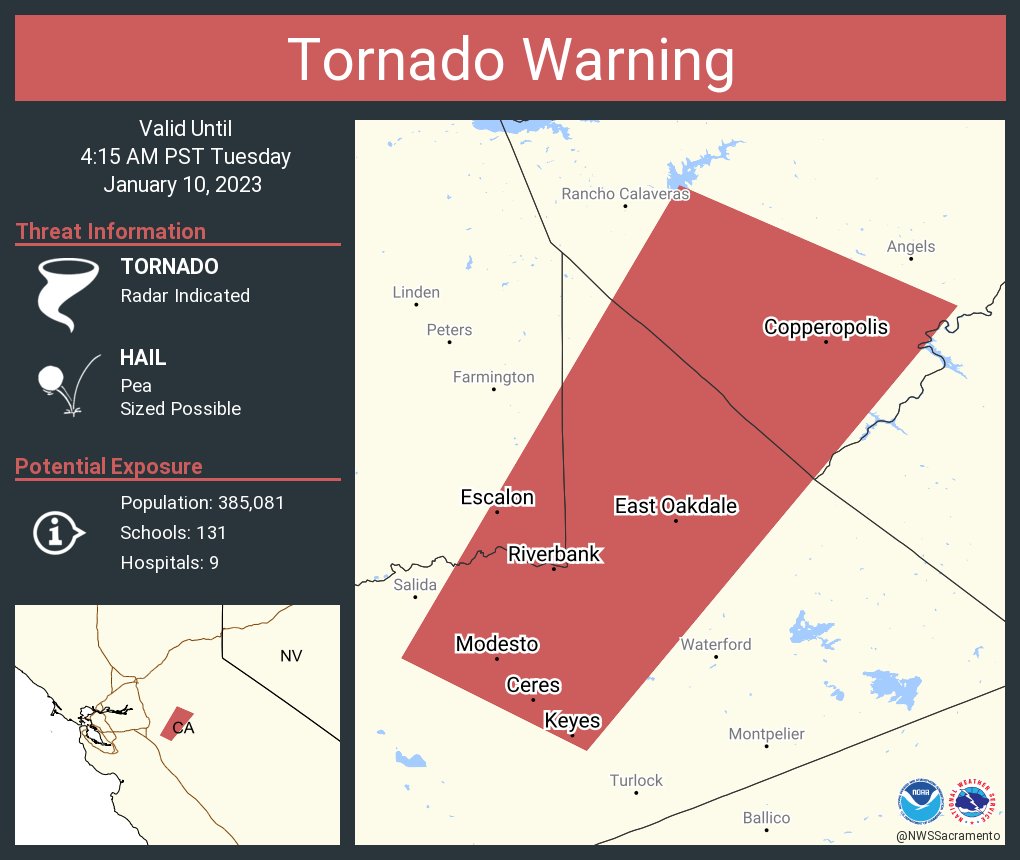 NWSSacramento's tweet photo. Tornado Warning including Modesto CA, Ceres CA and  Riverbank CA until 4:15 AM PST https://t.co/aqUu0YThcv