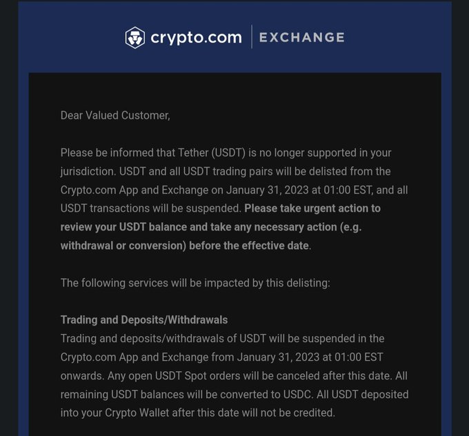 CryptoCiak's tweet photo. @cryptocom rimuoverà USDT il 31 gennaio, sia da app che da exchange, se avete usdt su crypto dot com ritirateli o convertiteli in usdc prima del 31, anche gli ordini spot verranno cancellati https://t.co/FAp5WRhQHc