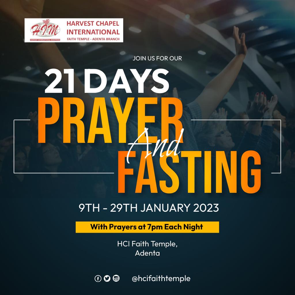 The time of intense concentration and close fellowship with God through prayer and fasting has started. 

Join us on our 21 days journey to seek God's face and his mercies this year.

Happy Fast!

#21daysfastingandprayer
#OurYearOfEstablishment #HarvestIsHome #Hcifaithtemple