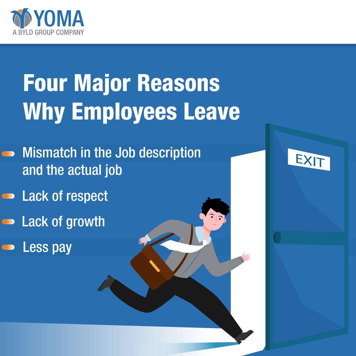 There are multiple reasons why employees might think about leaving your company and going for another job. Here are a few notable reasons for it.

#Yomabusiness #Yoma #employee #careerprogression #talentmanagement #humanresources
#hrmanagement #talentretention #employeexperience