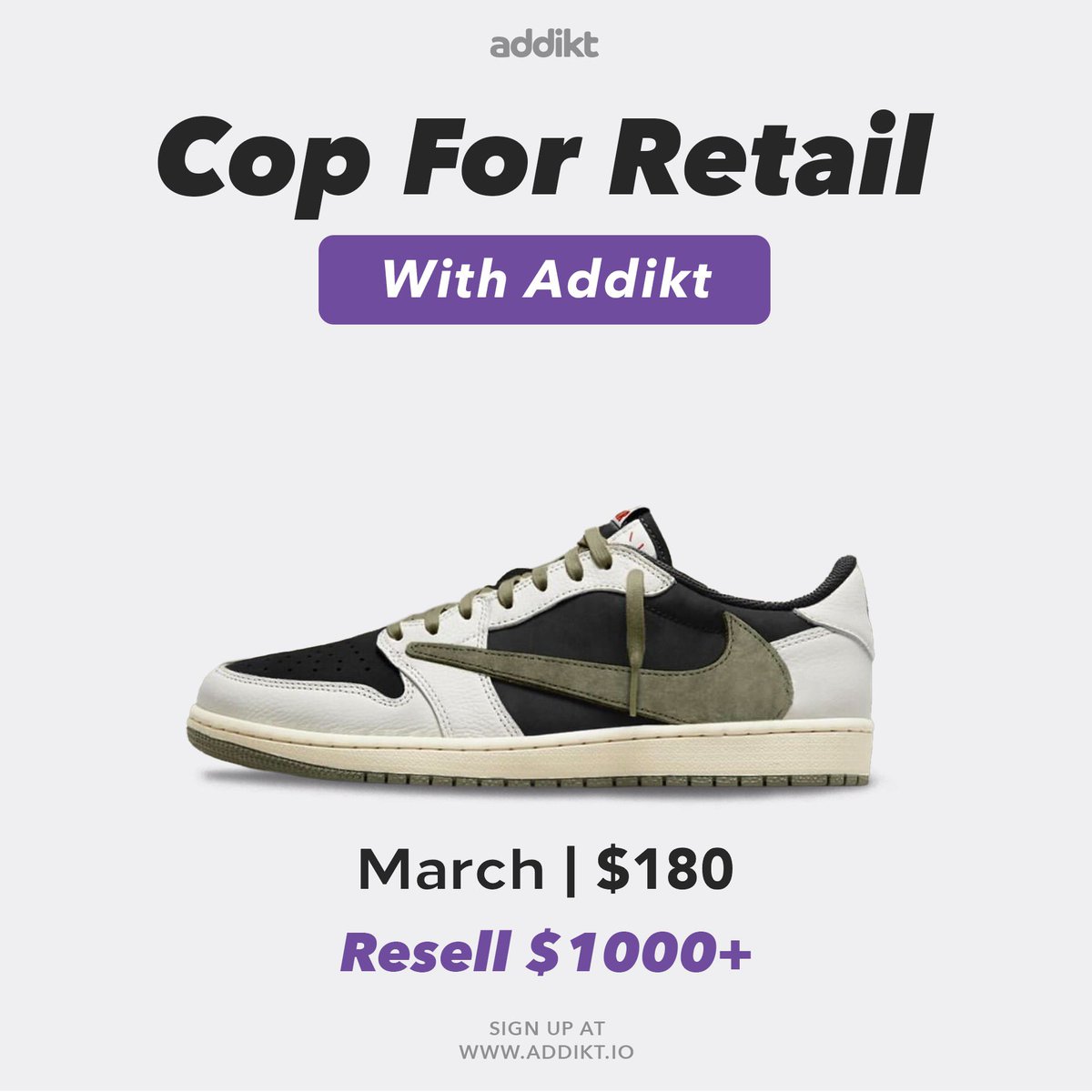 Nike x Travis Scott Air Jordan 1 Low “Olive” dropping on March 25th.
Cop the drop with Addikt 
-
Sign up at Addikt.io or click the link in our bio to be notified when we next restock.