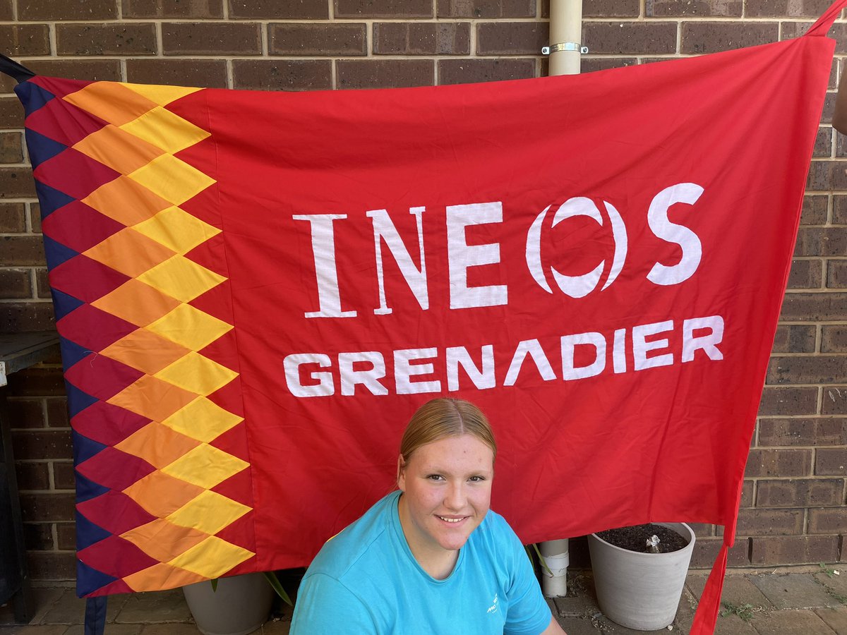 NicoleLThynne's tweet photo. 3 days work and she’s finished her @tourdownunder @ineosgrenadiers roadside support banner. 
Hoping it’s big enough so that @GeraintThomas86 @ethan_hayter @leohayter @kimheiduk @LucasPlapp @MagnusSheffield @swiftybswift don’t miss her.
#shesTDUready #tourdownunder2023 #tdu https://t.co/zwaTwnm3No