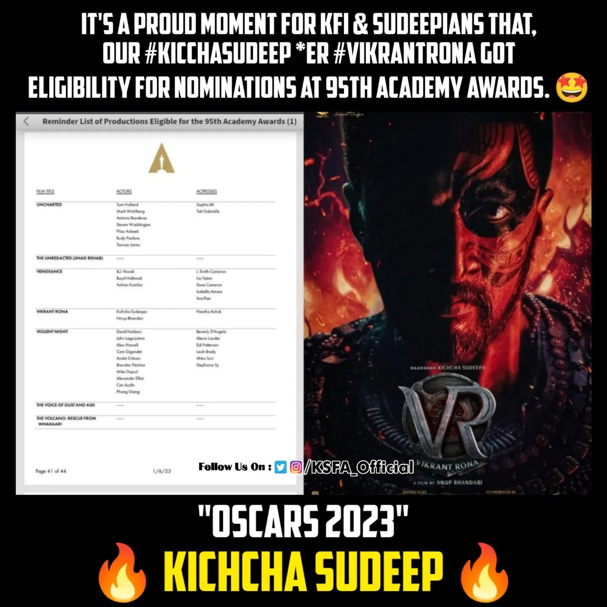 #VikrantRonaForOscars 
Proud moment for SUDEEPians🥳🎉

All The Best For #VikranthRona  Team🥳

Follow Us:- @BleedForKichcha 

#KicchaSudeep #Kiccha46 #BleedForKichcha  @KicchaSudeep 👑